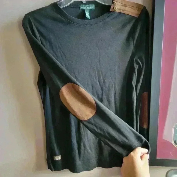 Lauren / Ralph Lauren - Black 100% Cotton Sweater - Suede Elbow Patches - Medium - Picture 9 of 10